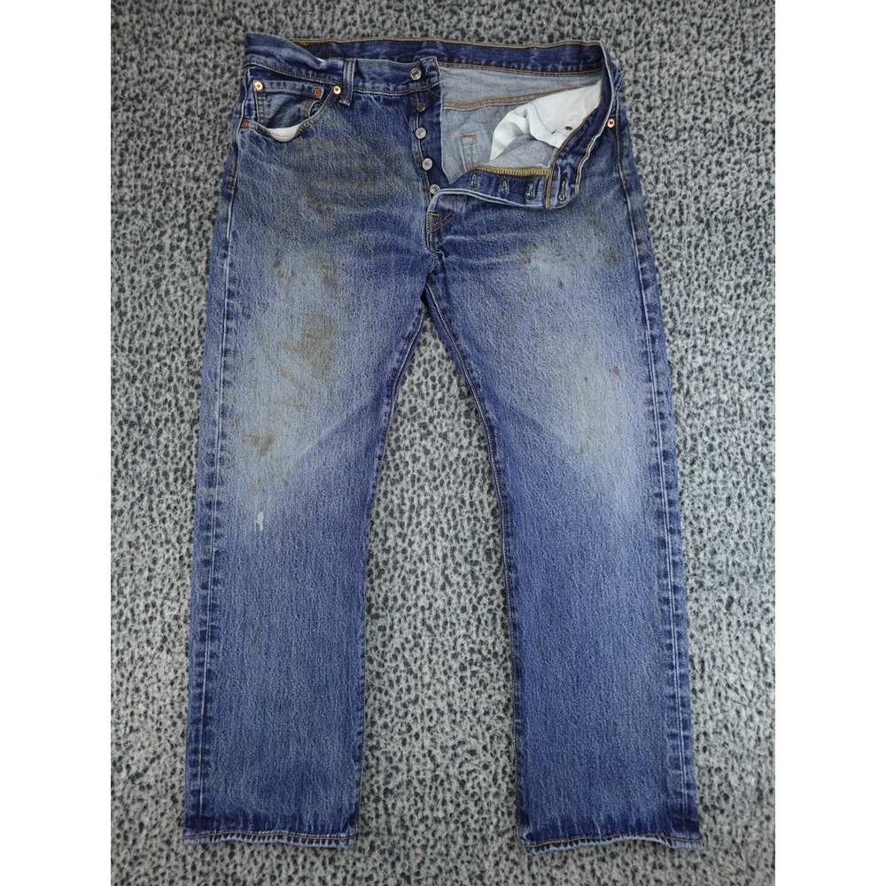 Levis 501 Jeans Mens 36x30 Blue Distressed Stained Straight Button Fly